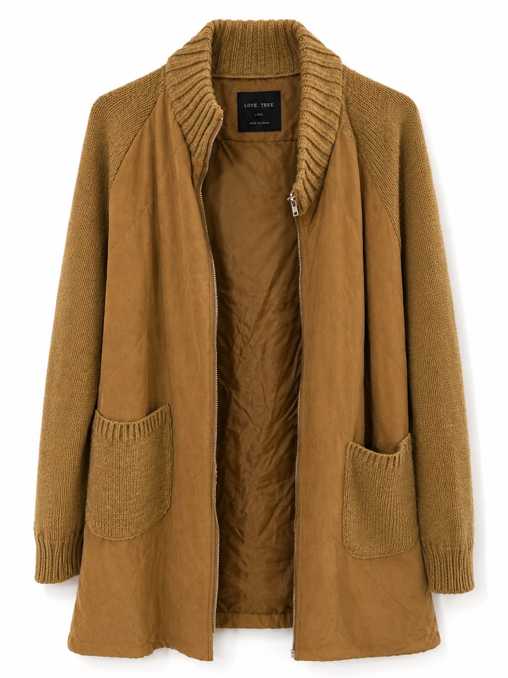 Love Tree Camel Brown Knit Sleeve Long Jacket Coat Size